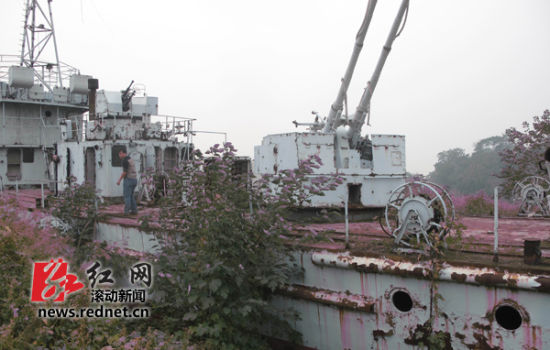 停留在湘潭白沙洲边的邓小平南巡座舰“宁明号”。图 