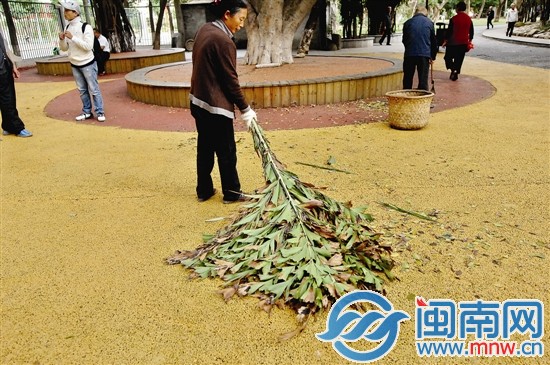 工作人员将树枝当扫把扫落叶