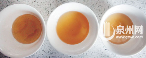 你能分辨出真假吗？从左到右：掺假蜂蜜、假蜂蜜、真 