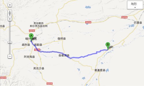 绿色标记处B即为巴楚县色力布亚镇