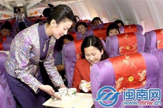 厦航空姐向乘机的台湾同胞敬上闽南功夫茶