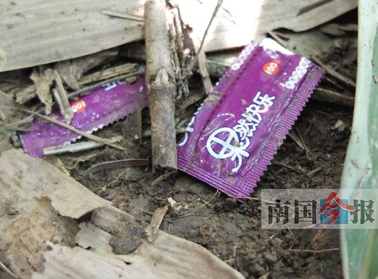 在密林里的芭蕉树下尚遗留有安全套包装