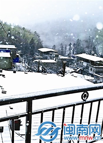 桐木关村民屋外白雪皑皑，雪花还在不断飘落