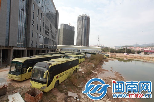 宏泰兴公司在停车场停了十几辆客运大巴