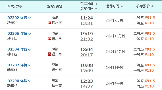 漳浦到福州站动车时刻表