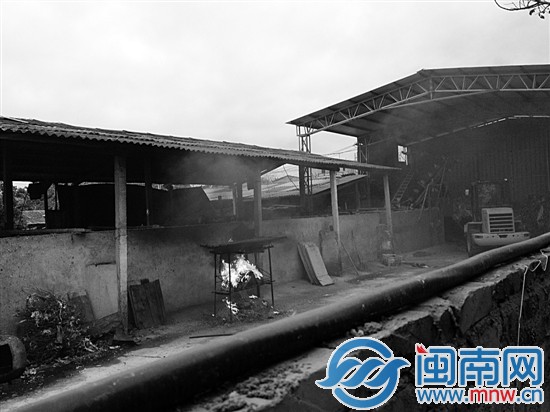 该工厂上空不时有浓浓的黑烟飘起，锅炉内废塑料还在 