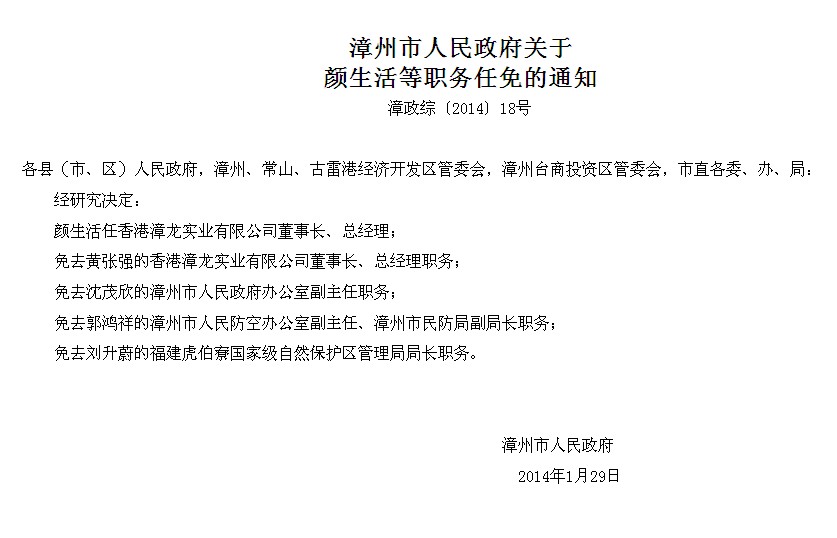 漳州市人民政府关于颜生活等职务任免的通知