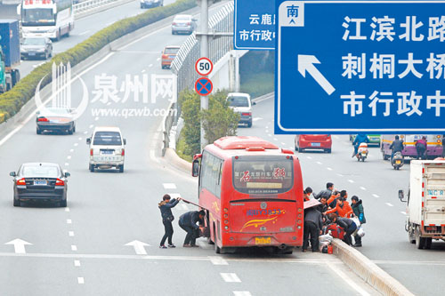 昨日上午，一辆客车在坪山路高架桥前停车卸客