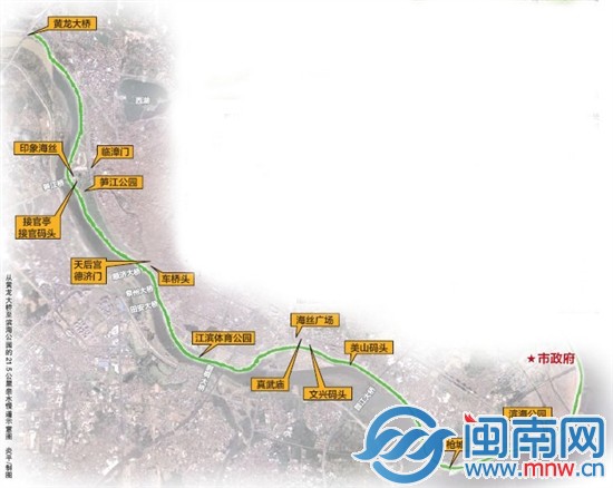 从黄龙大桥至滨海公园的21.5公里亲水慢道示意图
