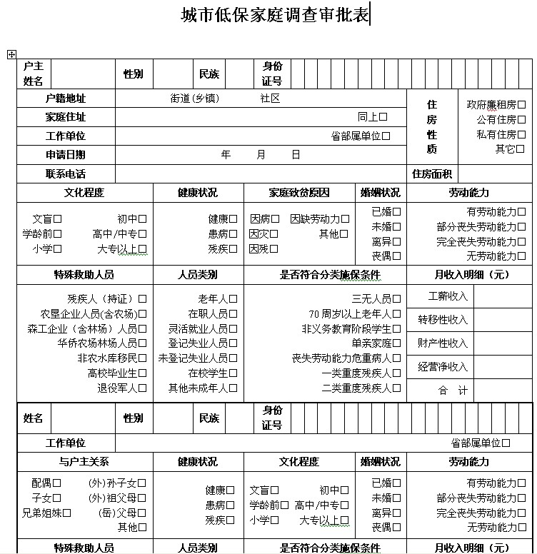 城市低保家庭调查审批表（截图）