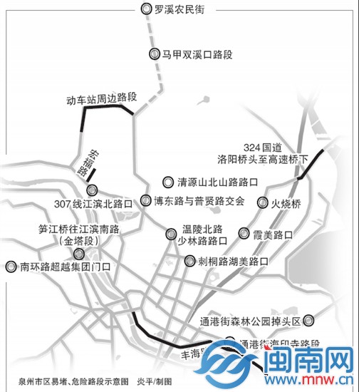 泉州市区易堵、危险路段示意图
