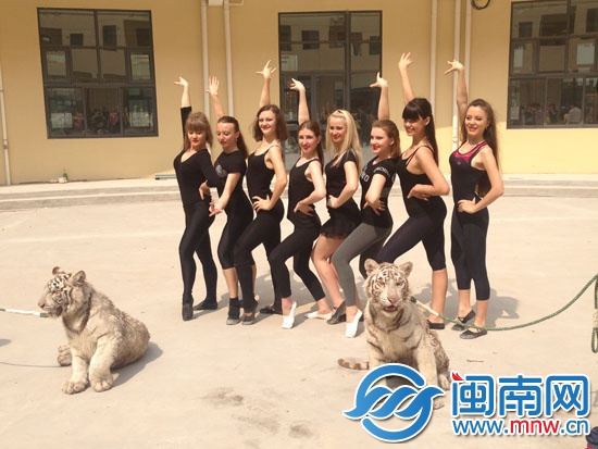 乌克兰杂技演员与白虎合影
