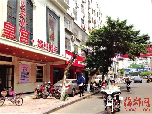 商铺前有两棵同样茂盛的小叶榕，其中一棵树冠被砍光