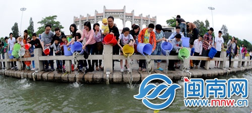 市民们一字排开，把鱼苗放归西湖