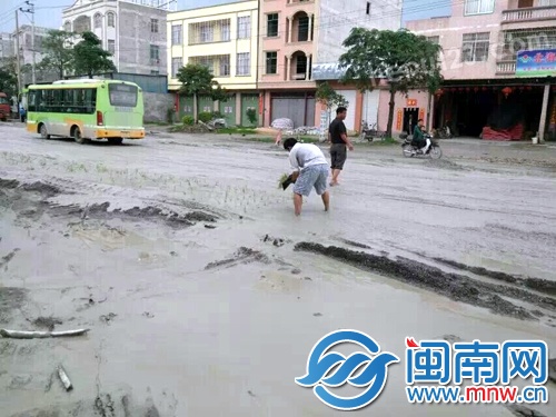 涉事国道附近的居民在泥泞不堪的路上插秧