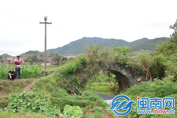 已废弃的石拱桥，被野草覆盖，下有溪流，村民称此路 