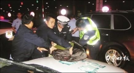一辆棕色豪车停在应急车道上