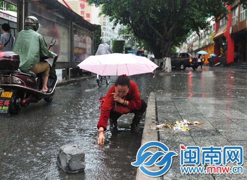 泉州市区泉秀街，阿婆撑伞俯身挨个清理井口的垃圾