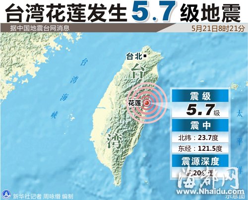 台湾花莲发生5.7级地震