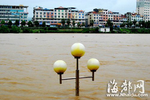 高两米多的路灯眼看就要被洪水淹没