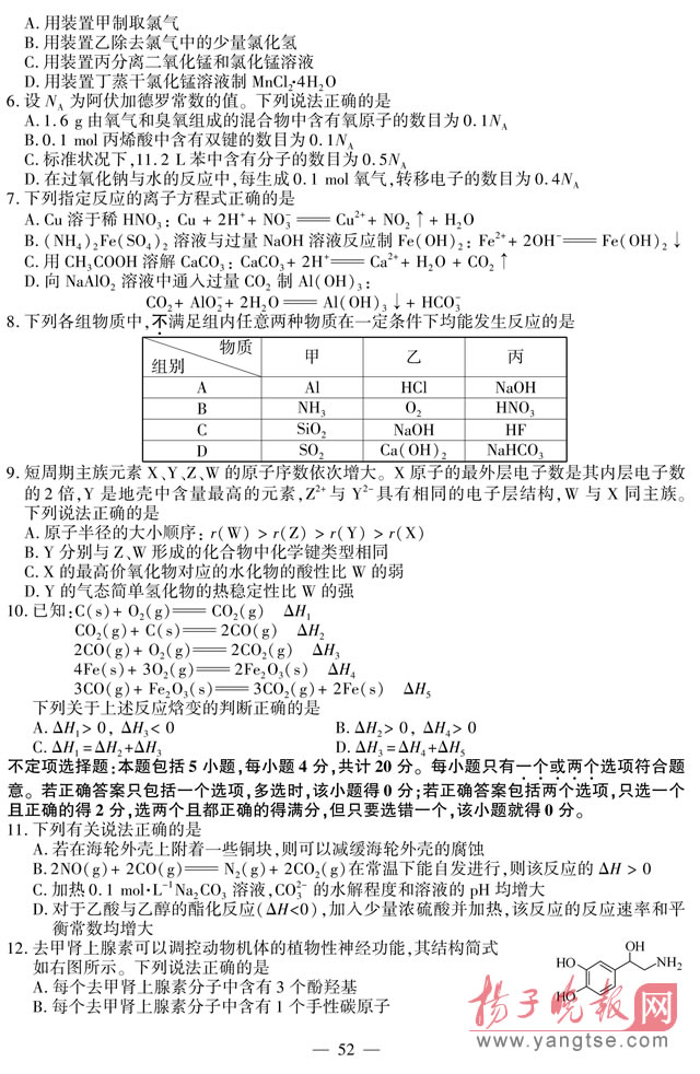 2014年江苏高考化学试题及答案2