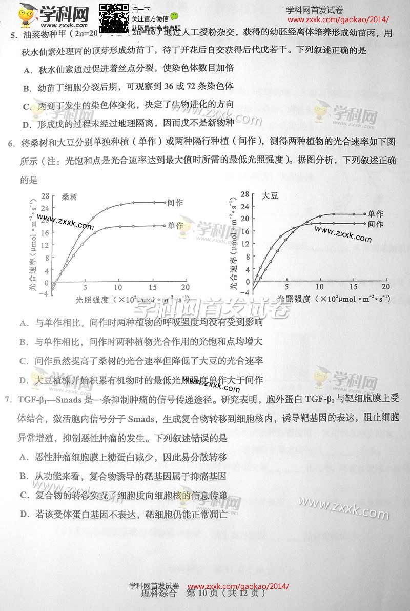 2014年四川高考理综试题及参考答案2