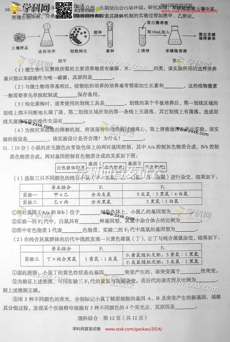 2014年四川高考理综试题及参考答案4