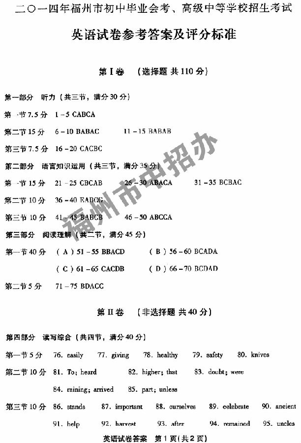 2014年福建福州中考英语试题及答案13