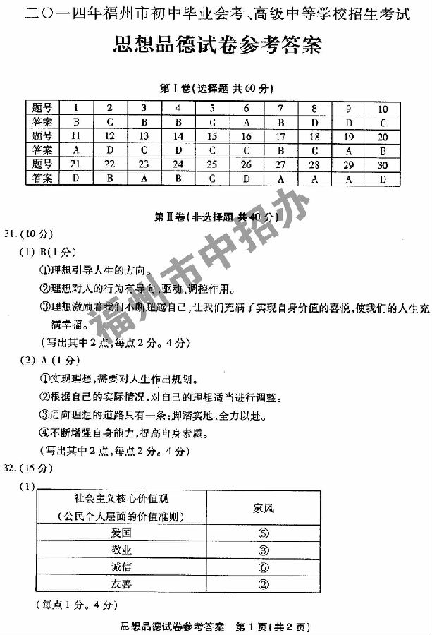 2014年福建福州中考思想品德试题及答案7