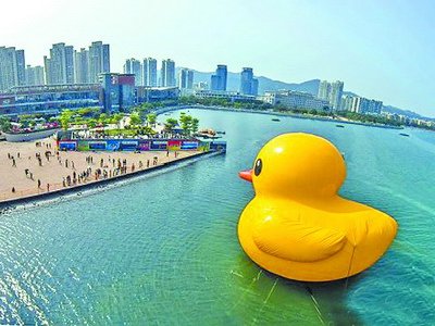 大黄鸭栖息海沧湖的爱心形象留在很多人的心里