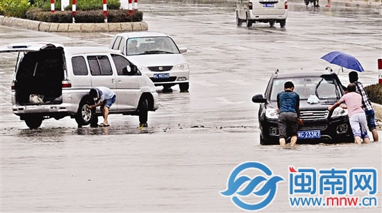 泉州市区滨海公园附近，多辆车在积水中抛锚