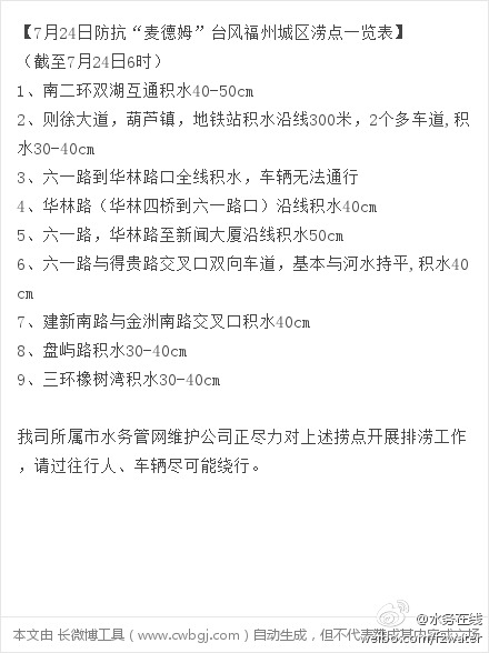 福州市自来水公司官方微博发布市区涝点